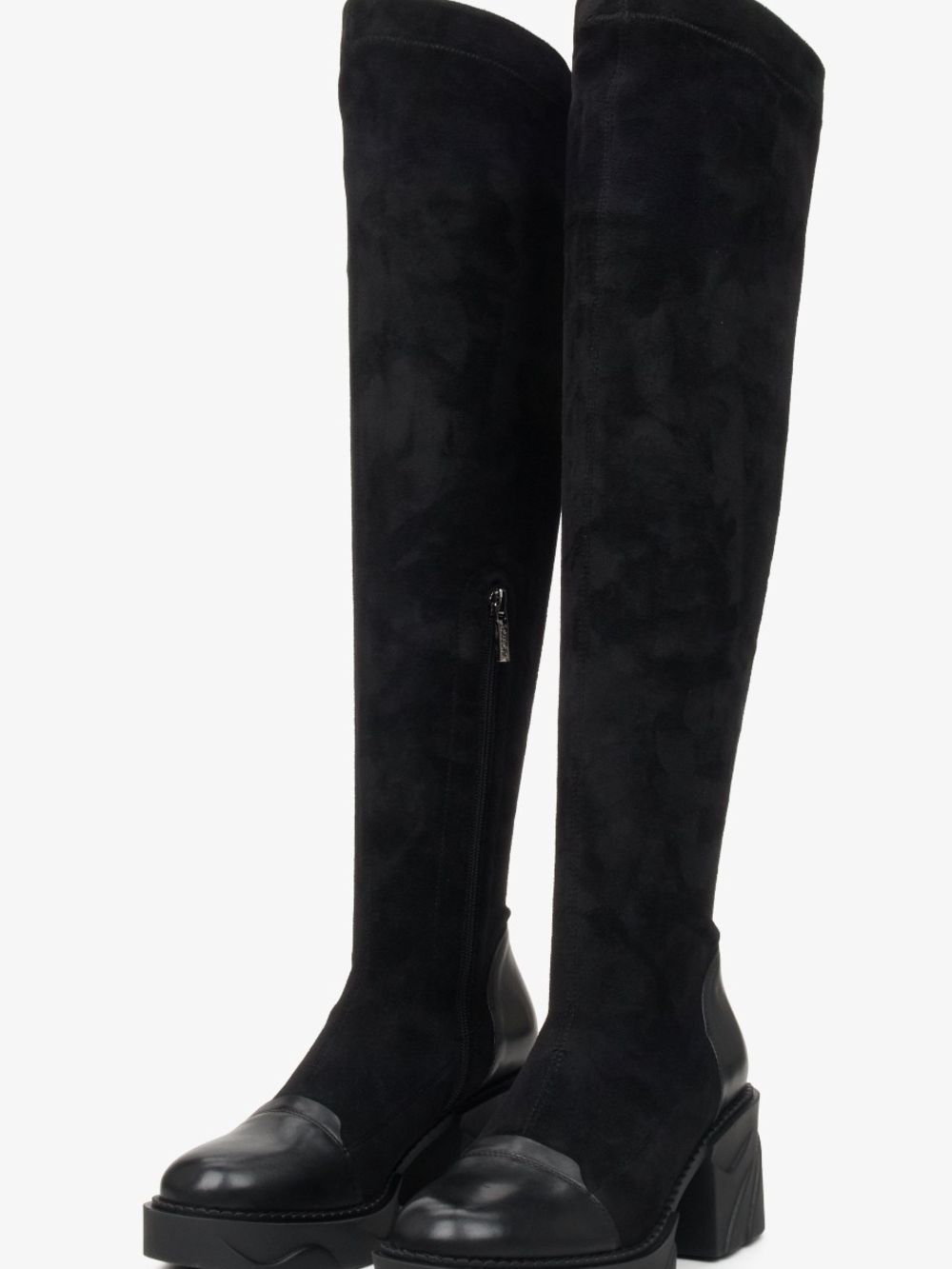 Over-the-knee Black Suede Block Heel Boots - Women S.8-9